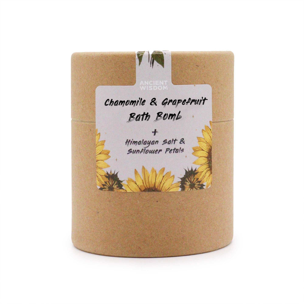 Bath bomb packaging with a label featuring sunflowers on a white background