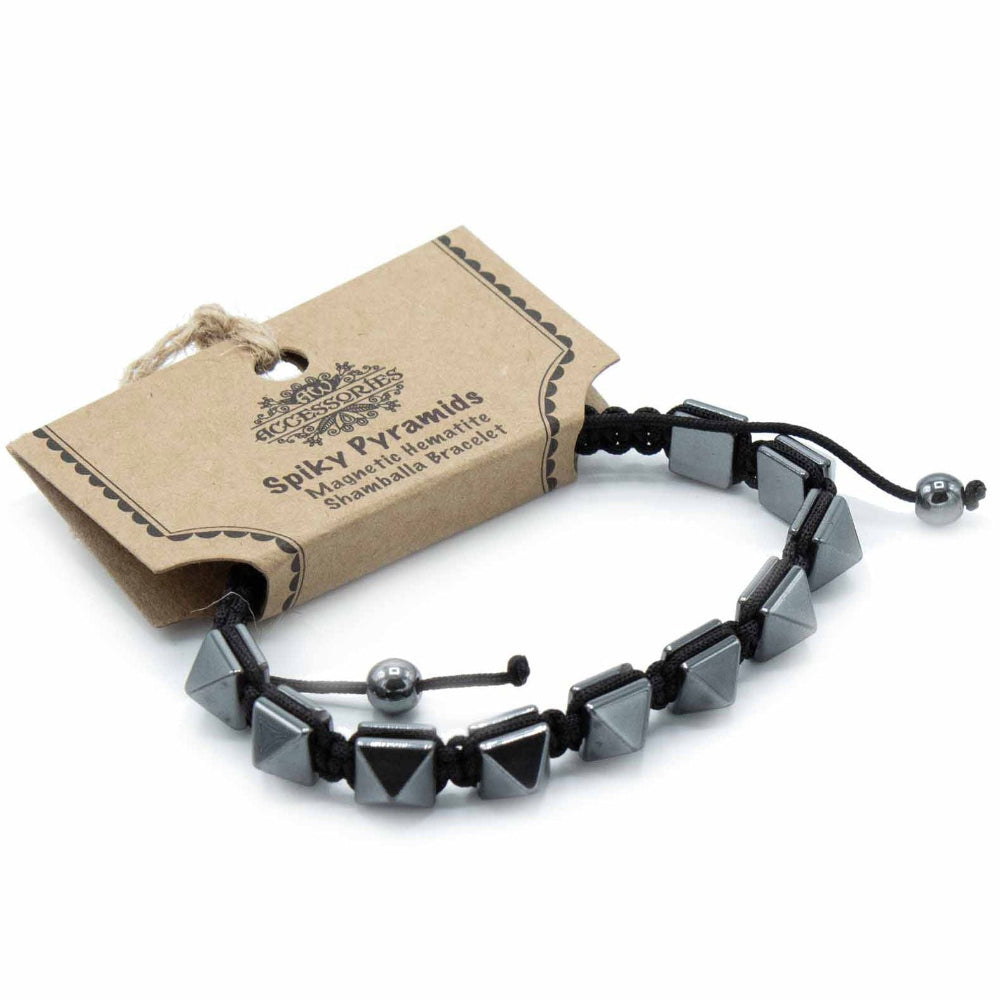 Black beaded bracelet with a branded card on a white background