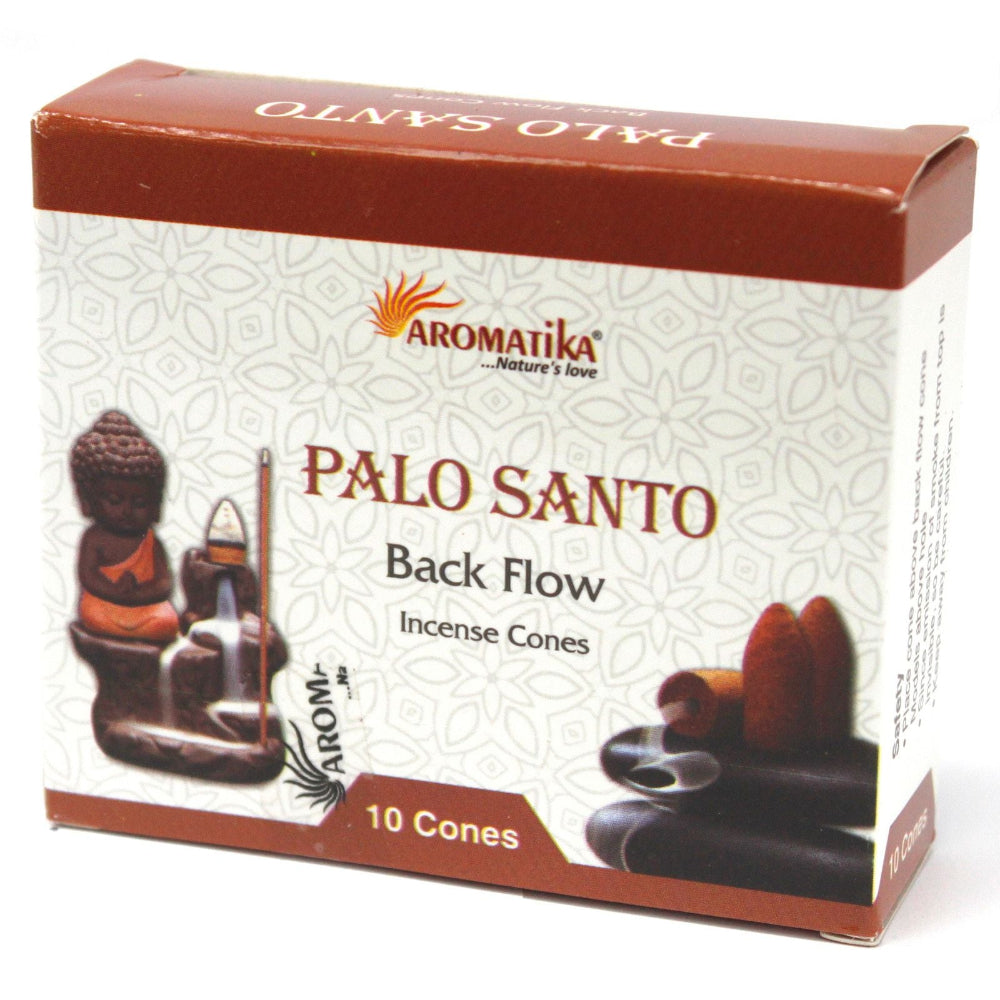 Box of Aromatika Palo Santo Back Flow Incense Cones on a white background