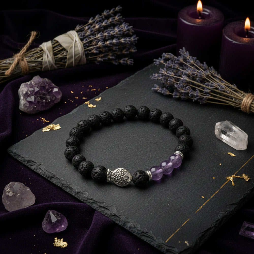 Fish Amethyst Lava Stone Bracelet