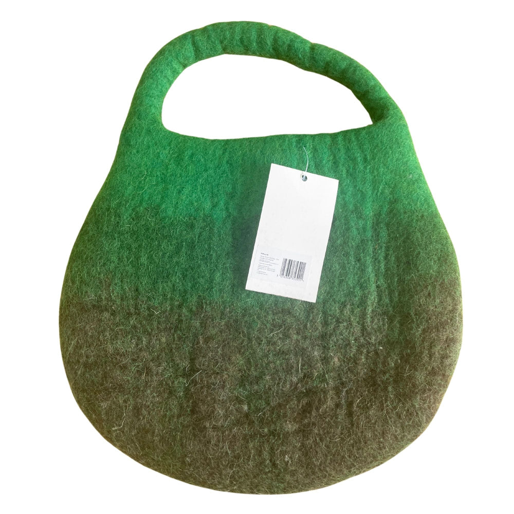 Green handbag with a gradient effect and a visible tag on a white background