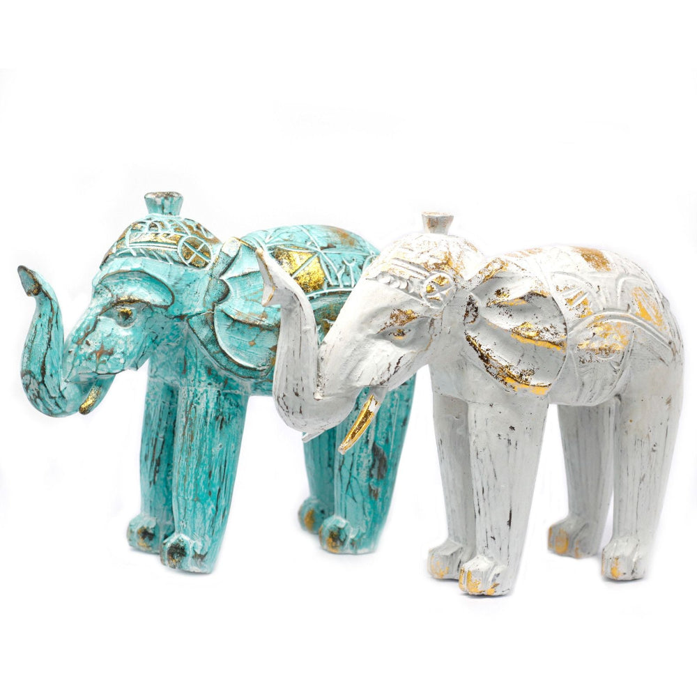 Turquoise Gold Wood Carved Elephant