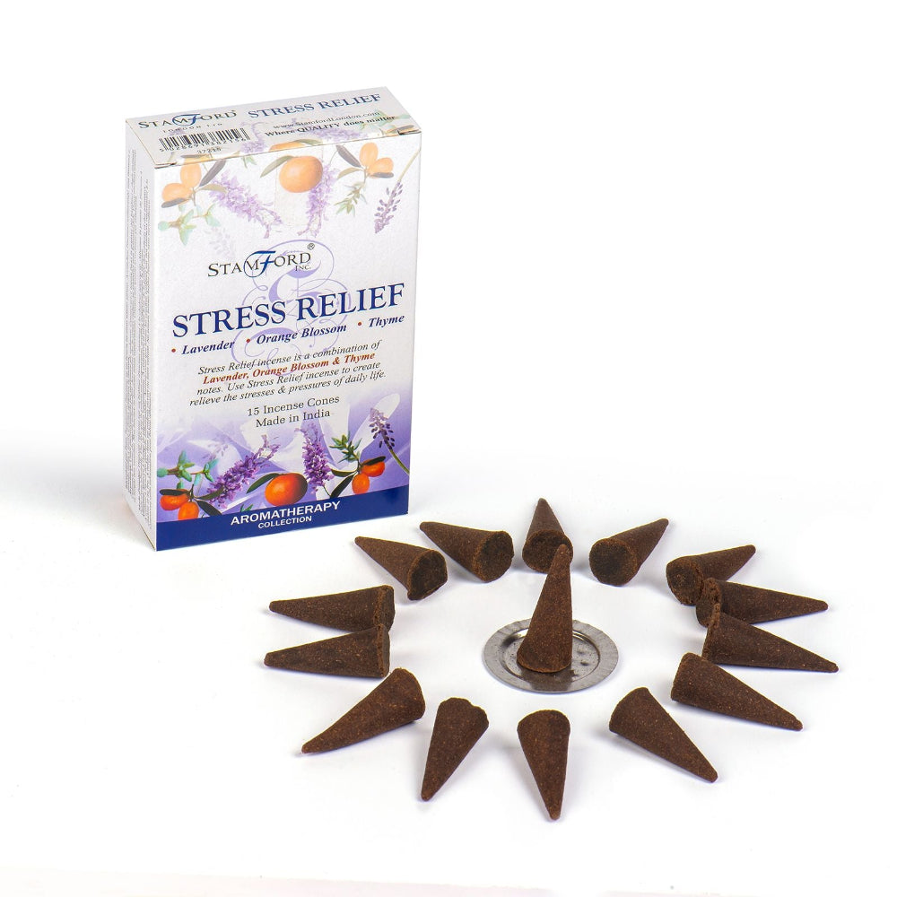 Stamford Stress Relief incense cones with packaging on a white background