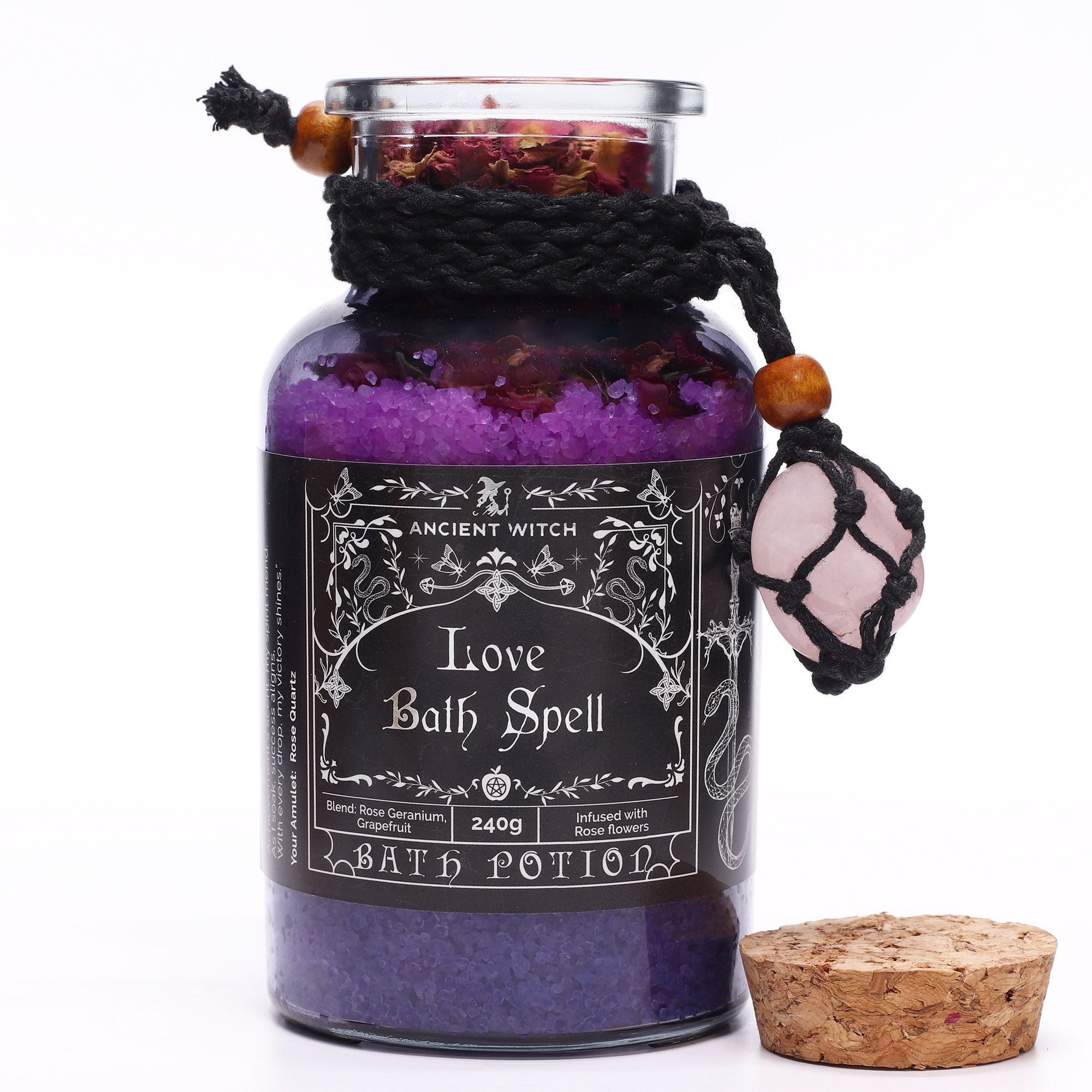 Love Ancient Witch Bath Spell Potion & Rose Quartz Crystal Amulet