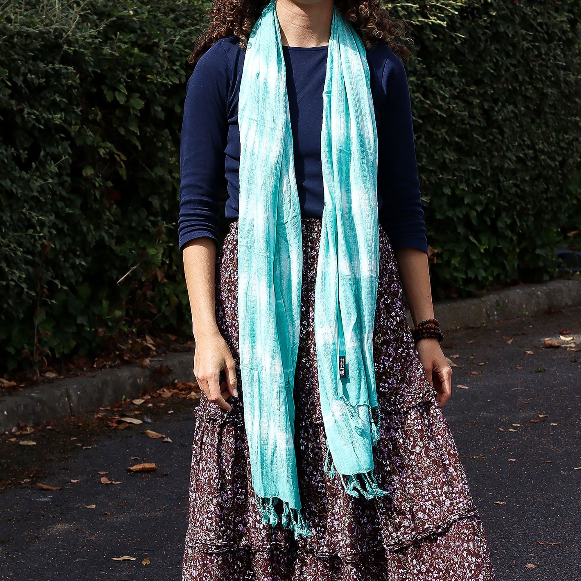 Teal Stripes & Motif Boho Java Art Stole Scarf