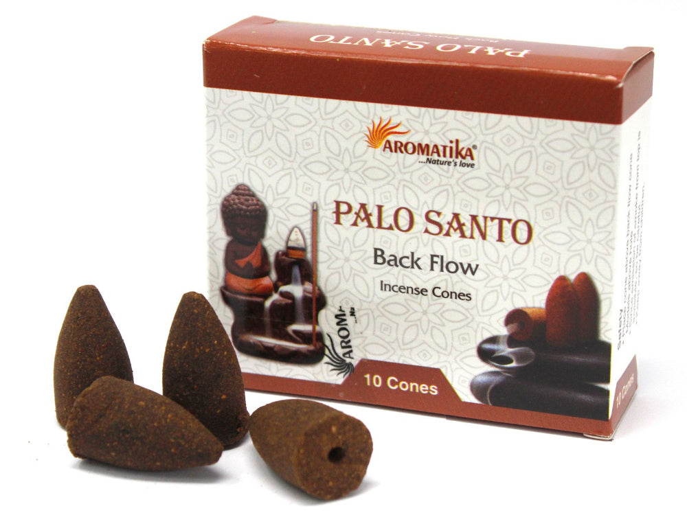 Aromatika Palo Santo incense cones with packaging on a white background