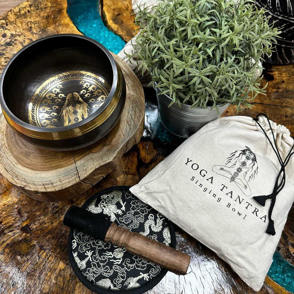 Yoga Tantra singing bowl set on a wooden surface with a plant and pouch.