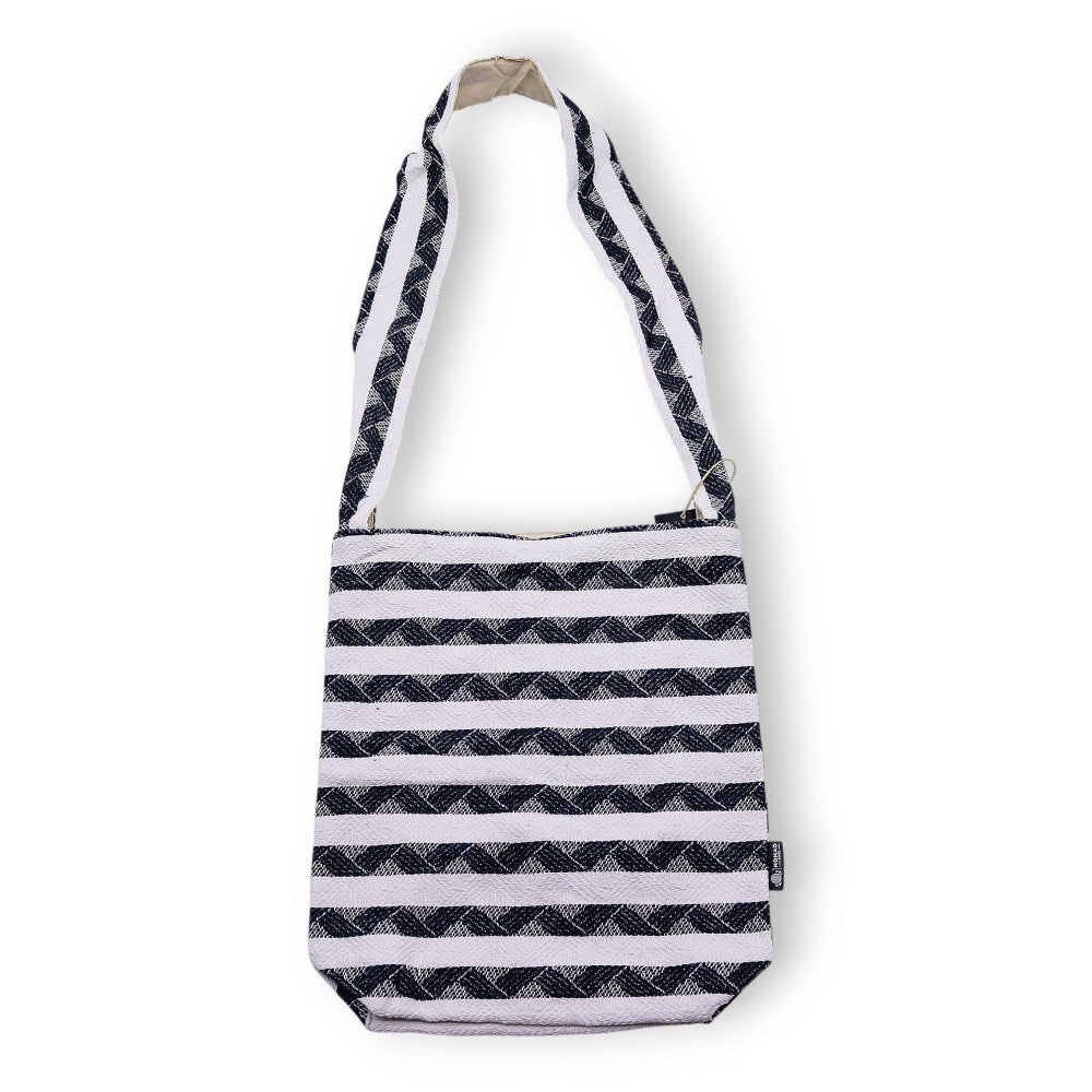 Black and white striped bag on a white background