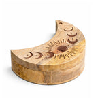 Moon Phase Carved Sliding Box | Crescent Moon Wooden Storage Box