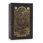 Black tarot card box with gold foil design and text on a white background