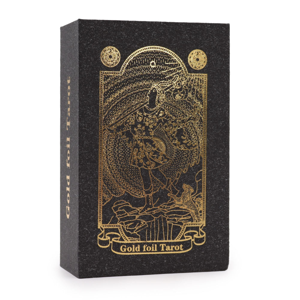 Black tarot card box with gold foil design and text on a white background