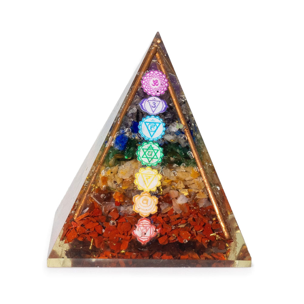 Triangular pyramid with colorful crystals and symbols on a white background