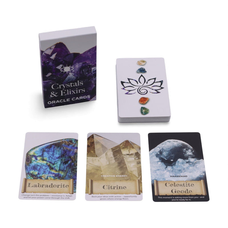 Set of oracle cards with crystal-themed design on a white background
