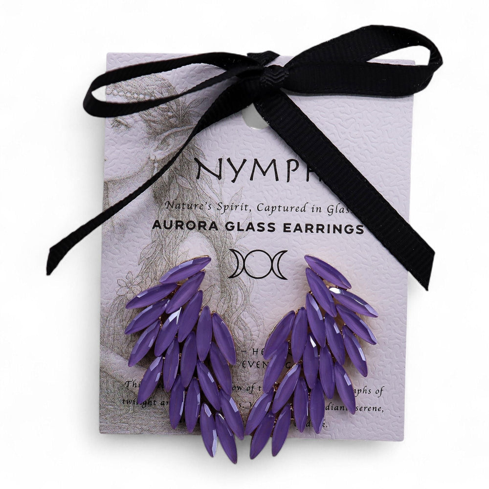 Purple glass earrings in a Nymph packaging with a black ribbon.