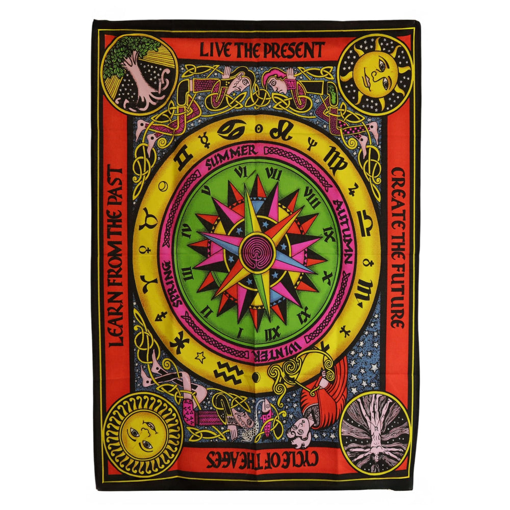 Colorful tapestry with astrological symbols and motivational phrases on a white background