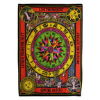 Colorful tapestry with astrological symbols and motivational phrases on a white background