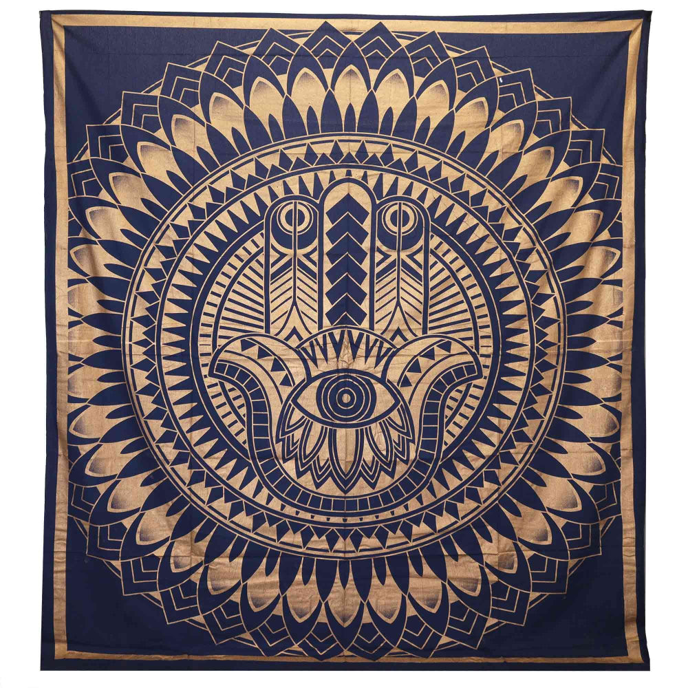 Decorative tapestry with Hamsa design on a blue and gold background