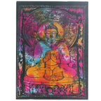 Colorful tapestry with a Buddha design on a black background