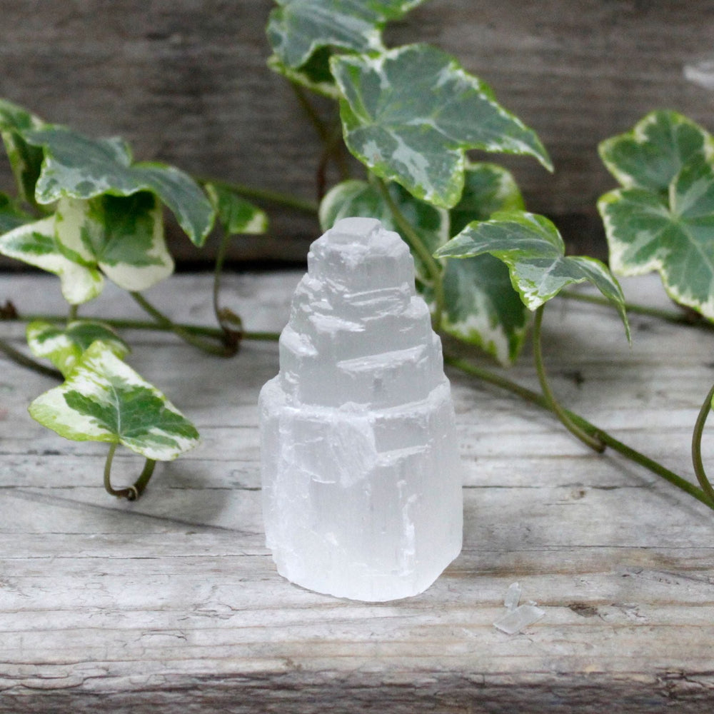 Crystal tower on a wooden surface with green leaves in the background