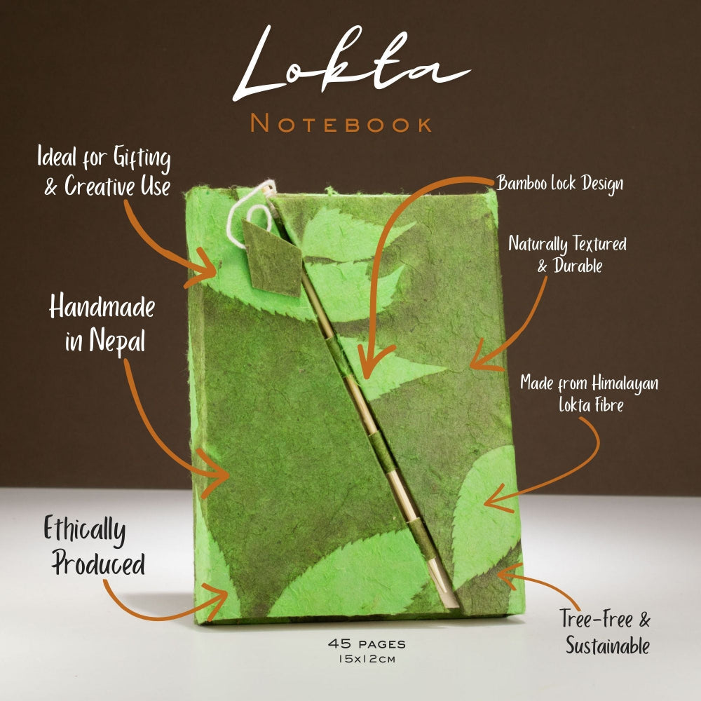 Lokta Moss Green Bold Floral Bamboo Lock Notebook  Medium