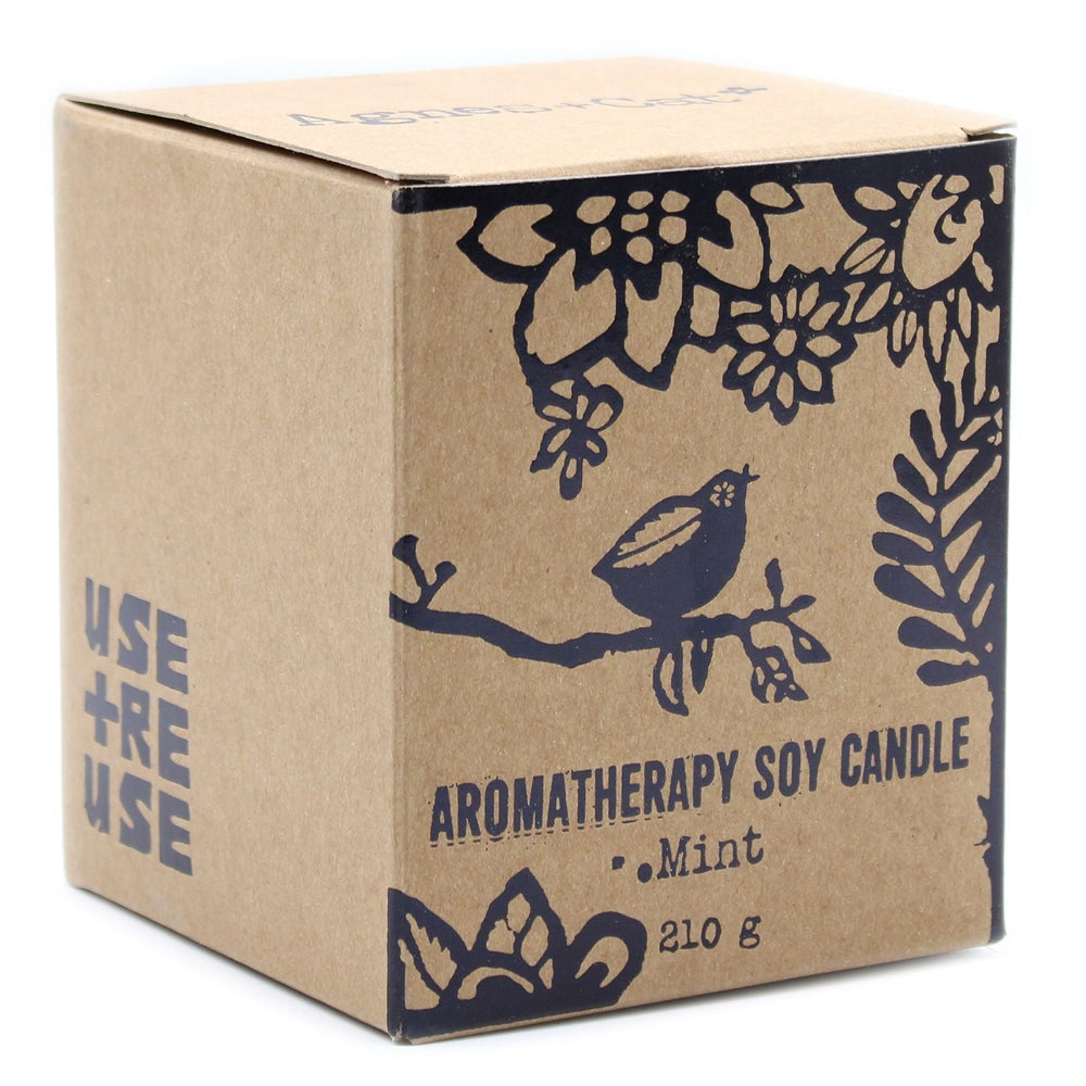 Cardboard box with decorative design and text for an aromatherapy soy candle on a white background