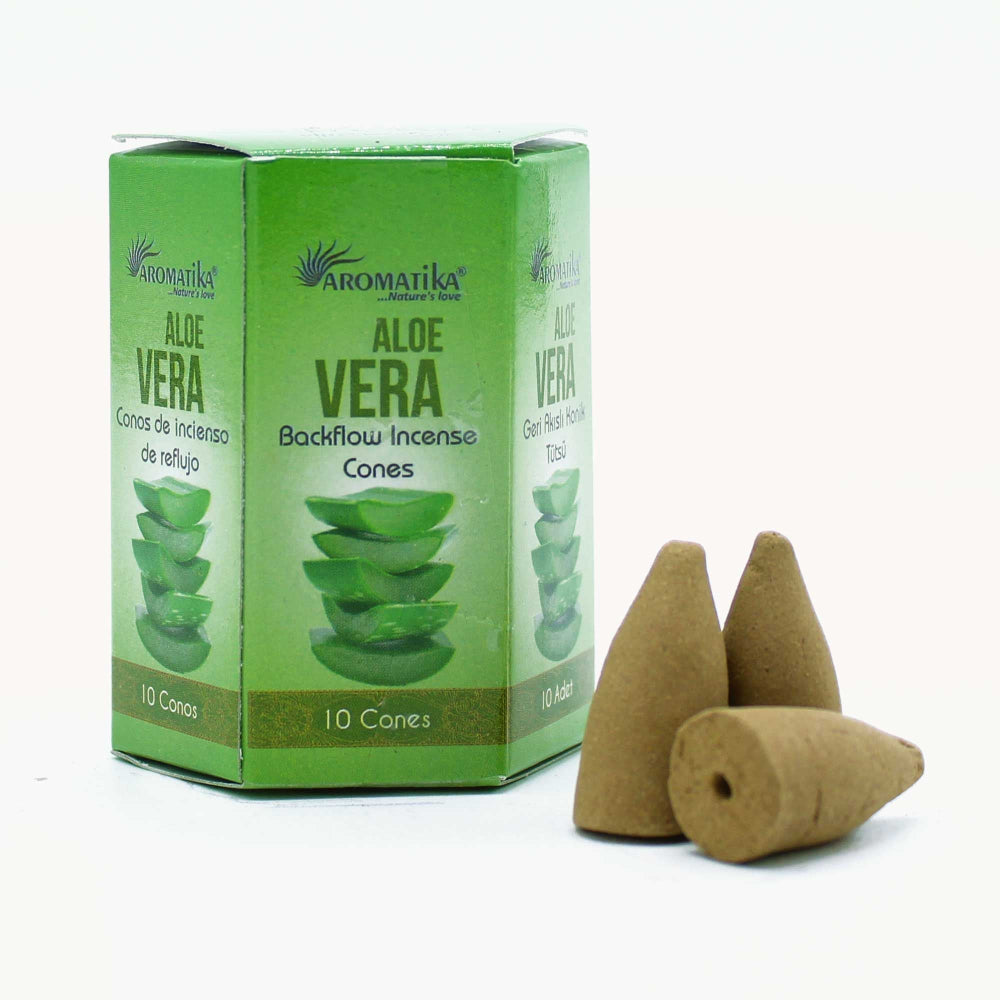 Aromatiika Aloe Vera incense cones packaging with three cones on a white background