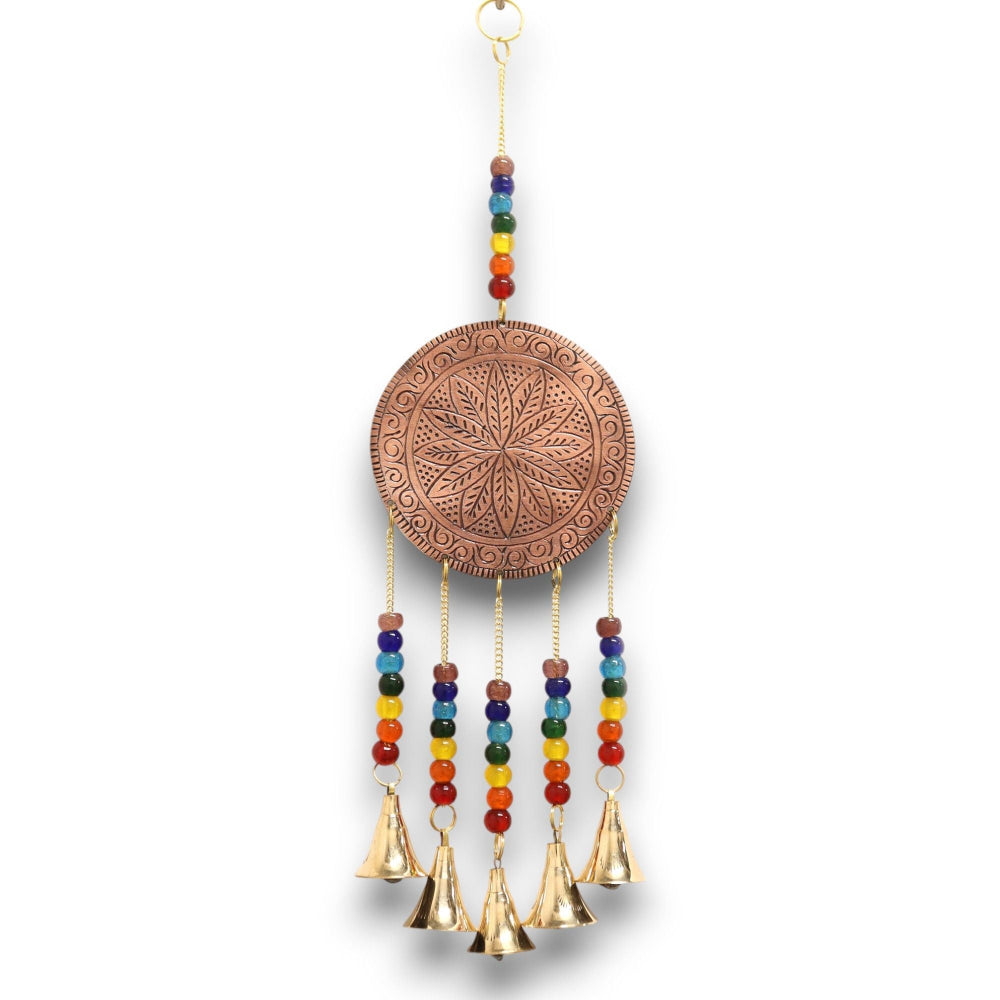 Decorative hanging ornament with a copper circle, colorful beads, and gold bells on a white background.