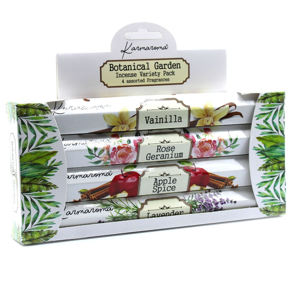 Karmaroma Botanical Garden Incense Variety Pack with labelled sticks on a white background