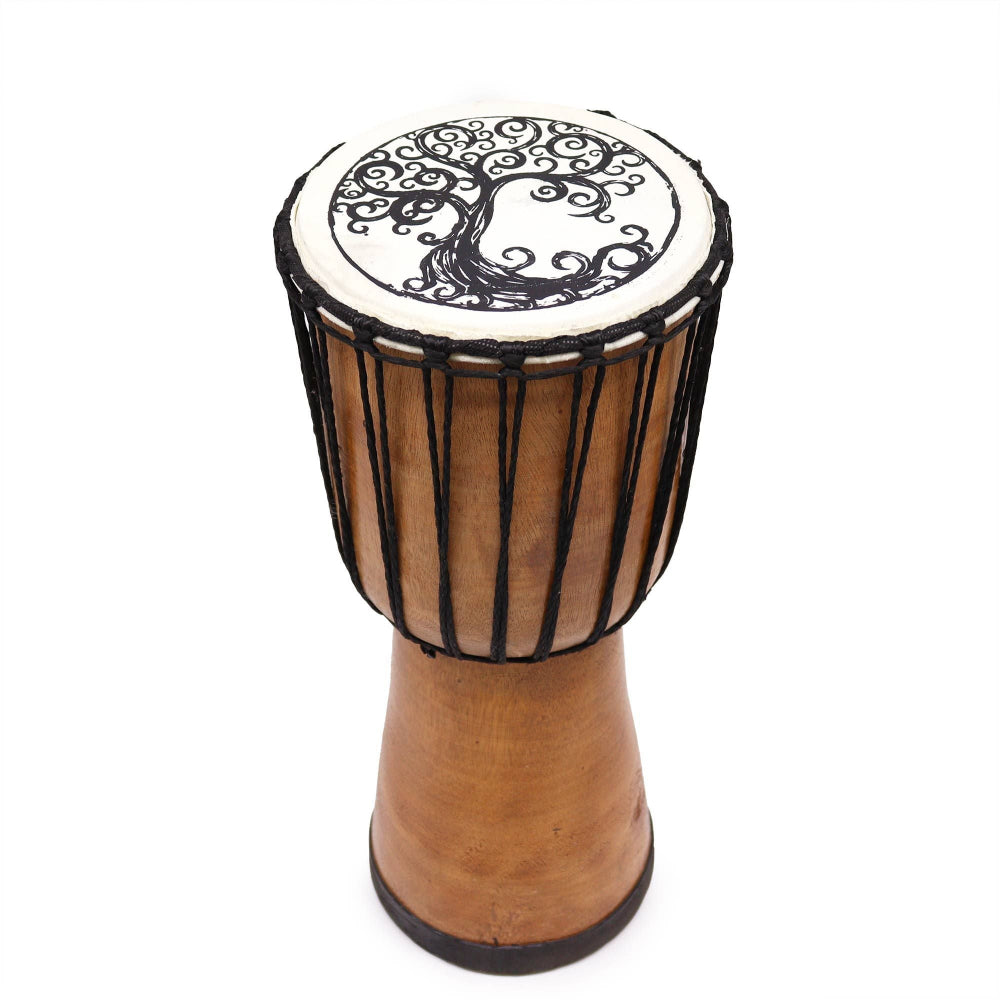 Wooden drum with tree of life design on a white background