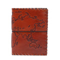 Brown leather notebook with world map embossing on a white background