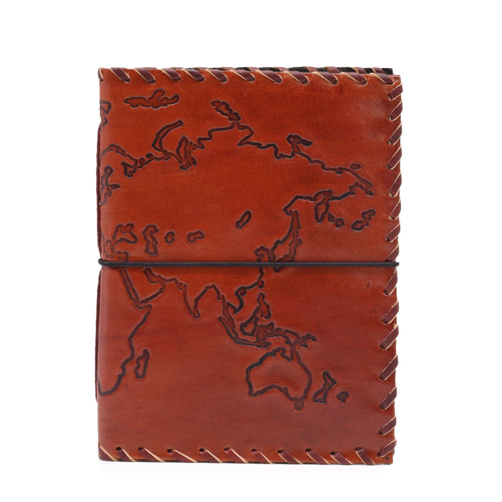Brown leather notebook with world map embossing on a white background