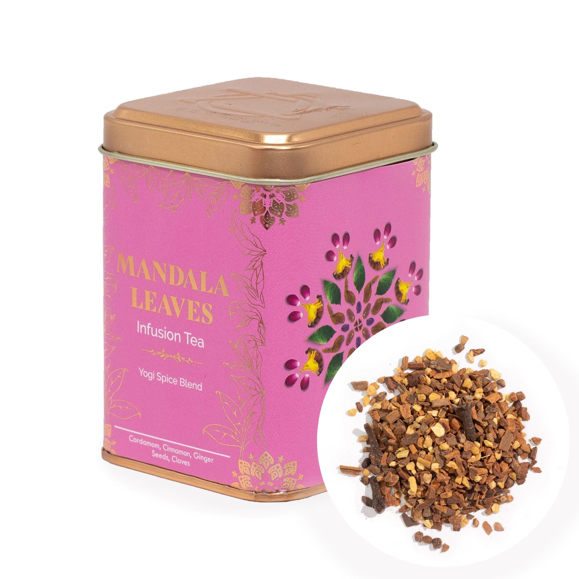 Pink tea canister with gold lid labeled 'Mandala Leaves' and a small pile of tea leaves on a white background.