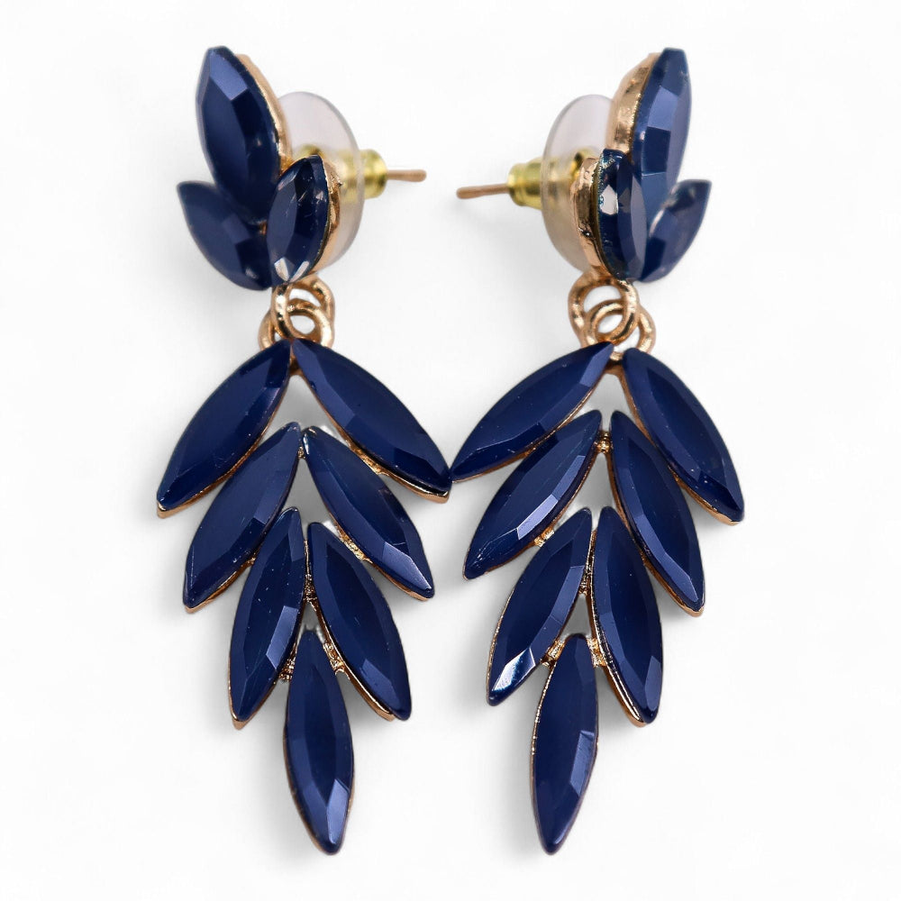 Navy blue leaf-shaped earrings with gold accents on a white background