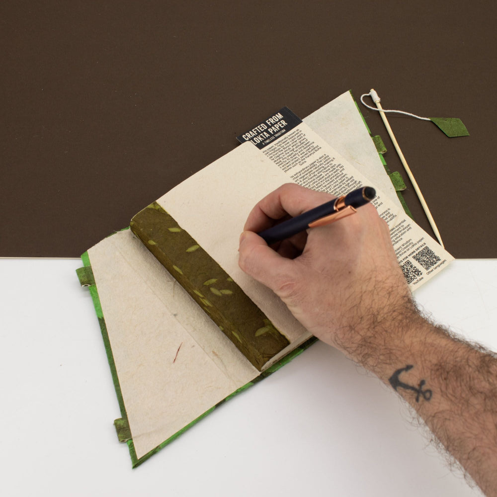 Lokta Moss Green Bold Floral Bamboo Lock Notebook  Medium