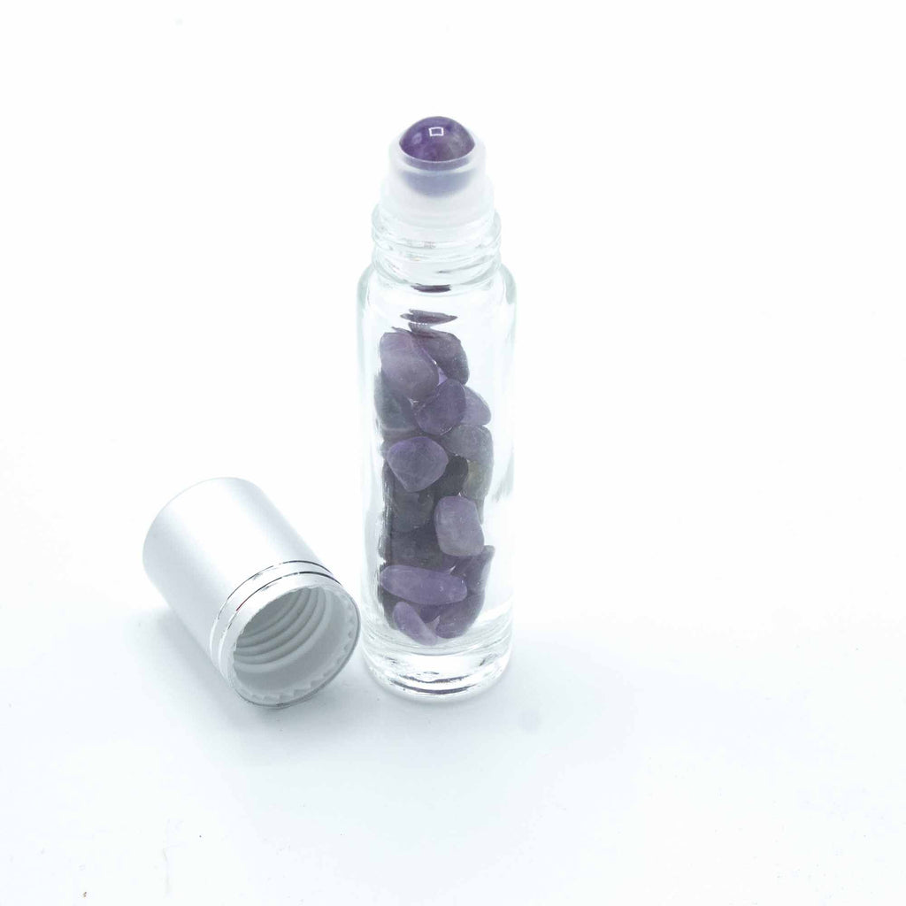 Amethyst Gemstone Essential Oil Roller Bottle  Silver Cap