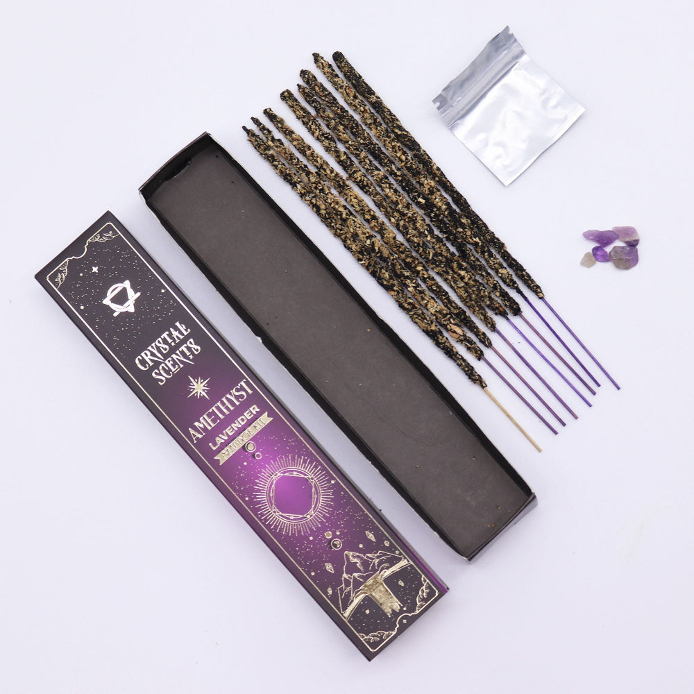Amethyst lavender incense sticks with packaging on a white background