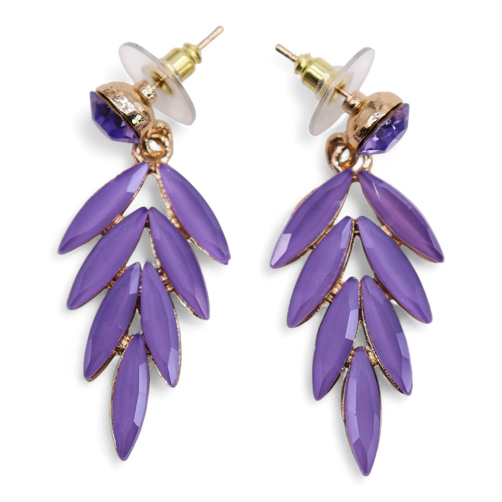 Purple leaf-shaped earrings with gold accents on a white background