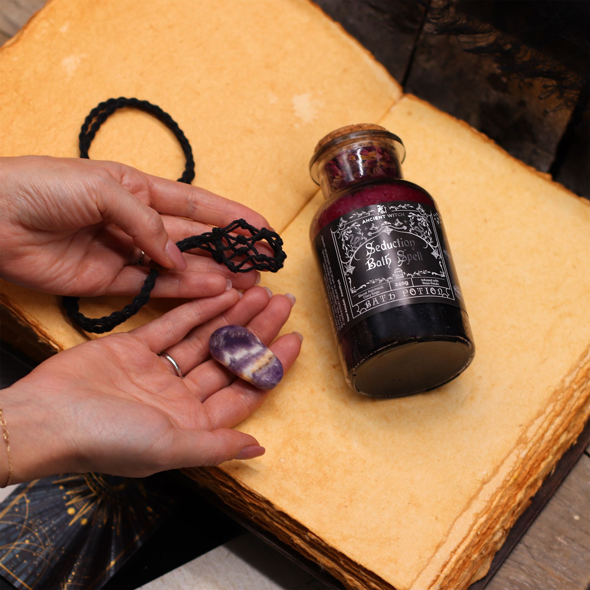 Love Ancient Witch Bath Spell Potion & Rose Quartz Crystal Amulet