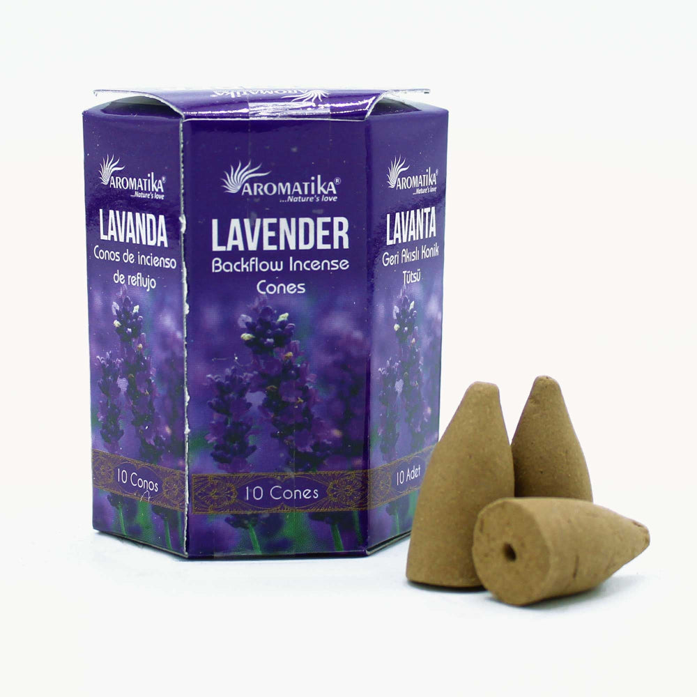 Aromatika Lavender incense cones packaging with three cones on a white background