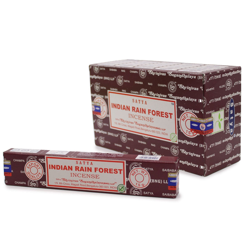 Two boxes of Satya Indian Rain Forest Incense on a white background
