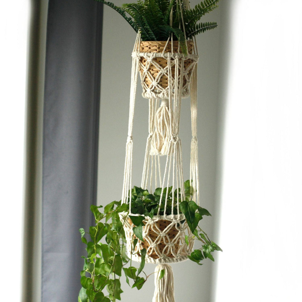 Macrame plant hanger with two pots of plants against a neutral background
