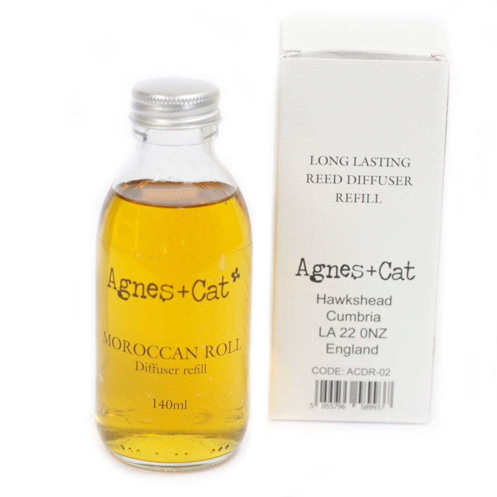 Agnes + Cat Moroccan Roll diffuser refill bottle with packaging on a white background