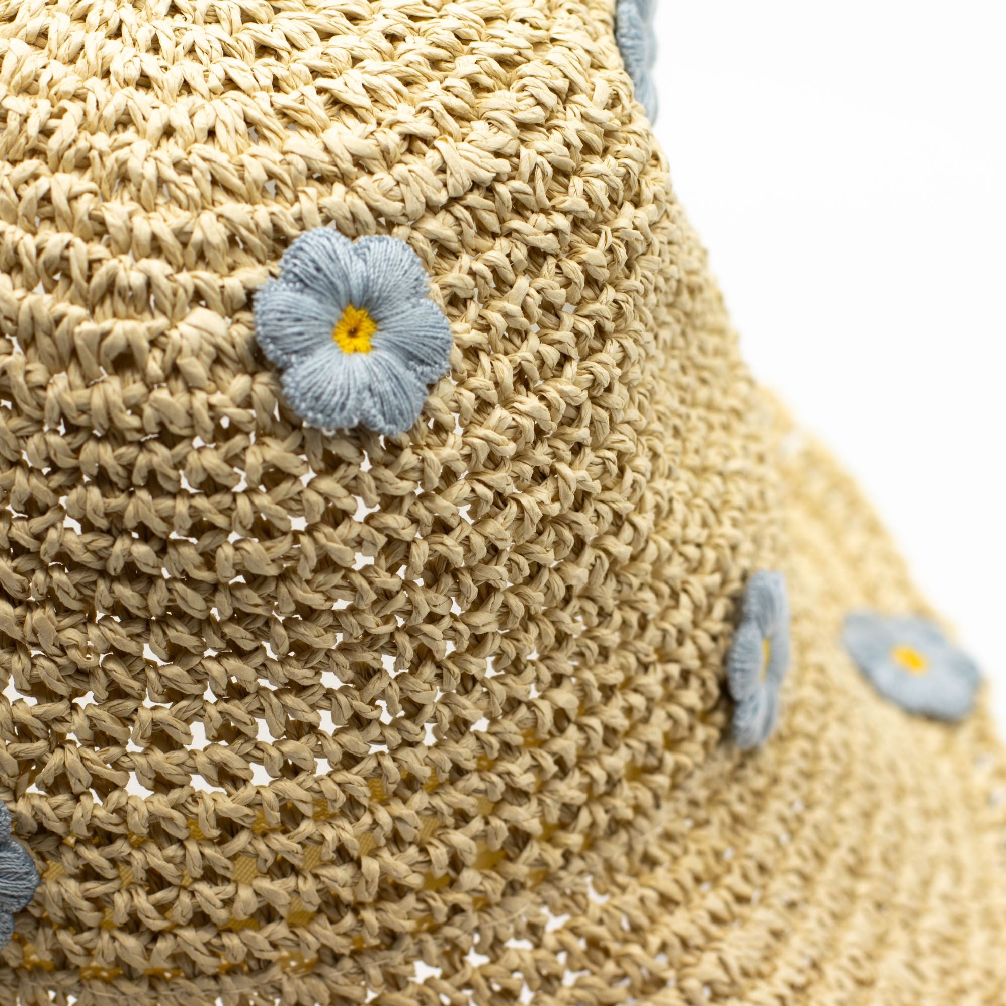 Nomad Sari Beige & Blue Flowers Floppy Straw Sun Hat