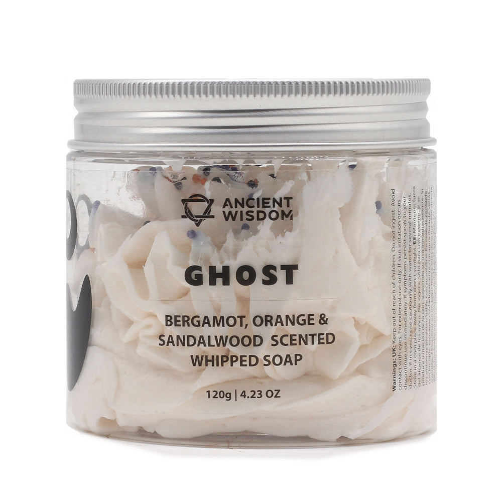 Jar of 'Ghost' whipped soap  branding on a white background