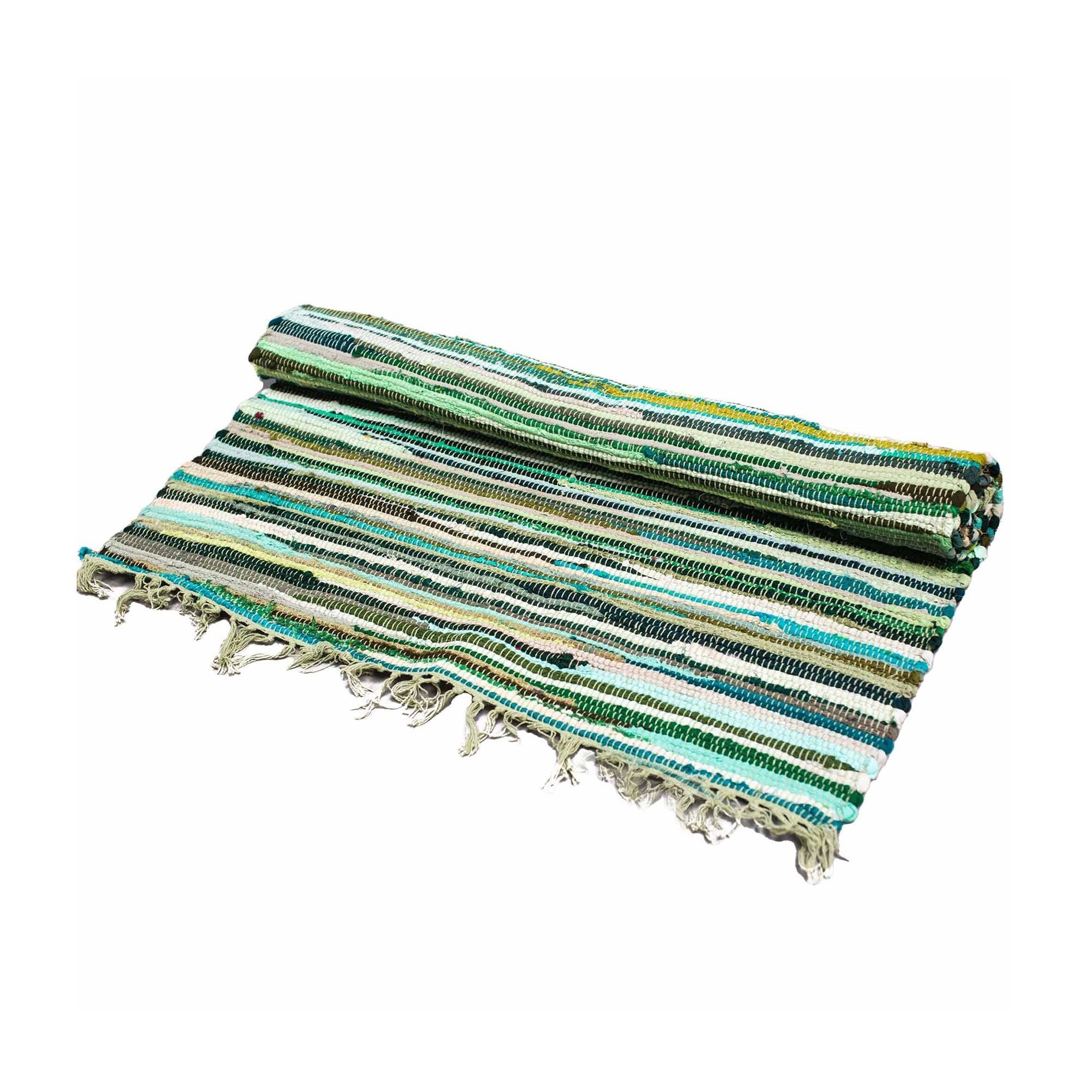 Striped fabric with green, blue, and beige colors on a white background