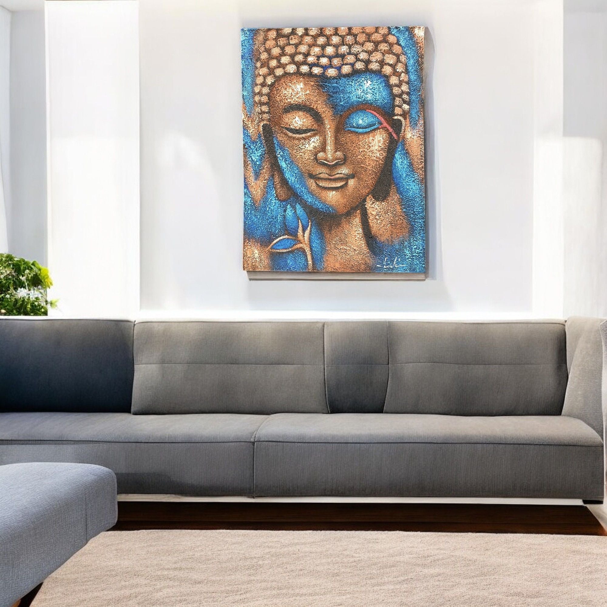 Bronze & Blue Flower Buddha Painting