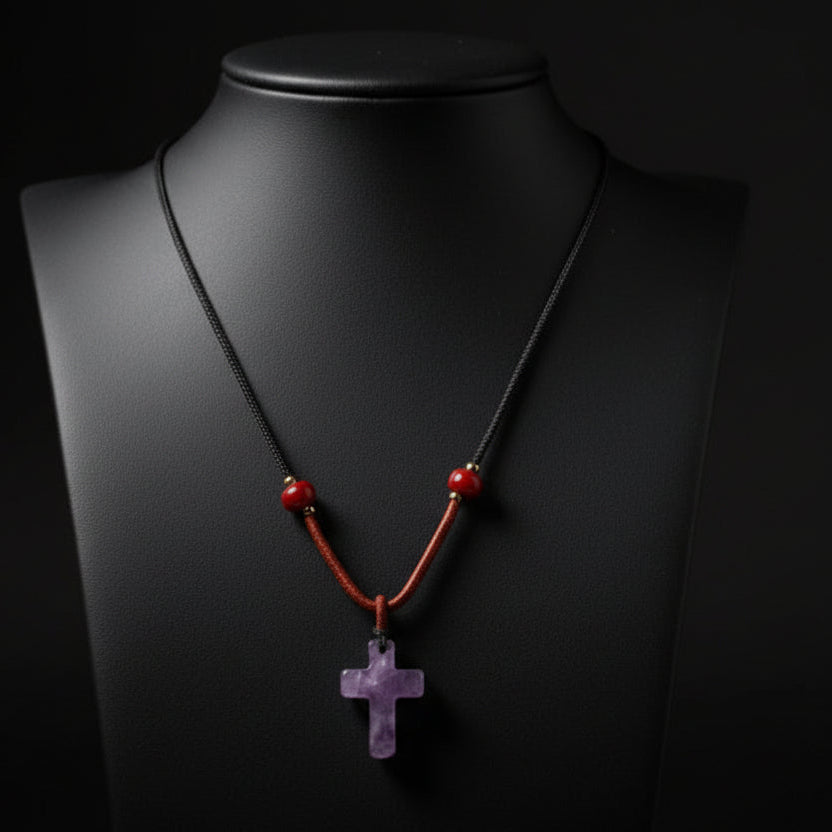 Amethyst Cross Cord Necklace Gemstone Pendant