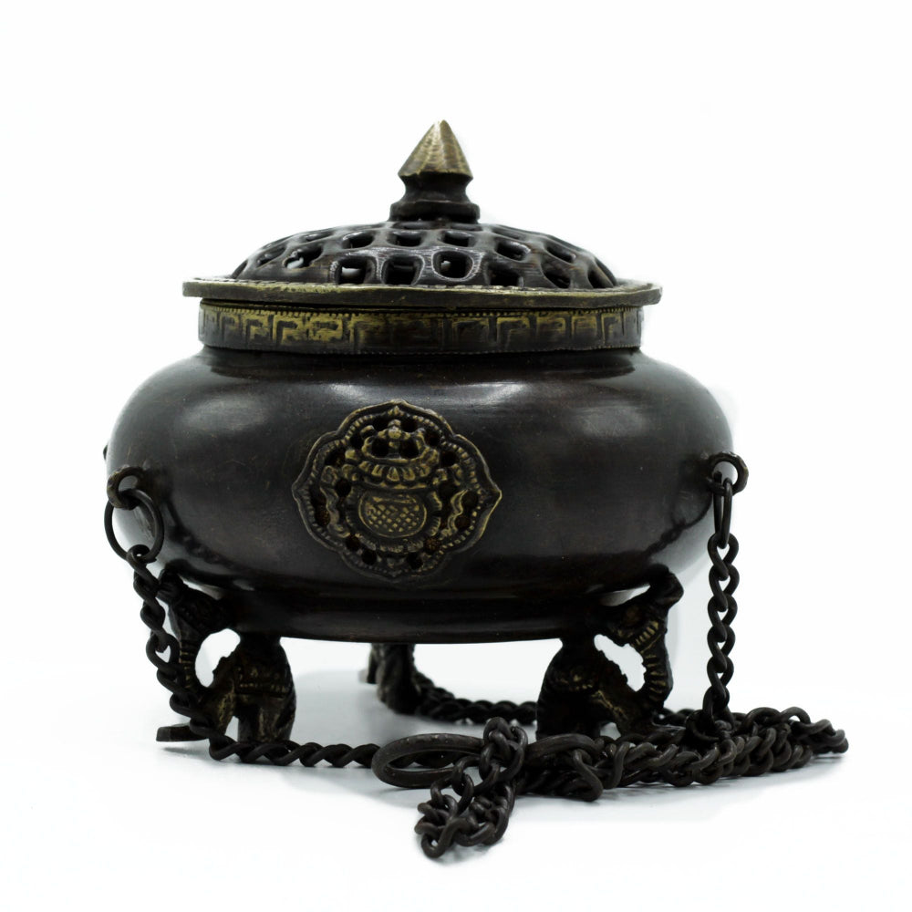Four Symbol Hanging Pot - Large Brass Tibetan Incense Burner