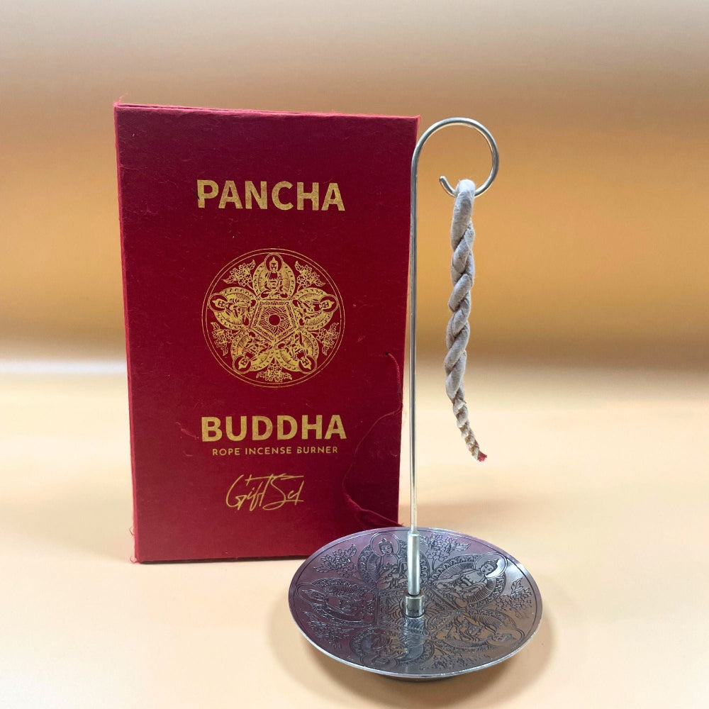 Pancha Buddha Rope Incense and Silver Plated Holder Set