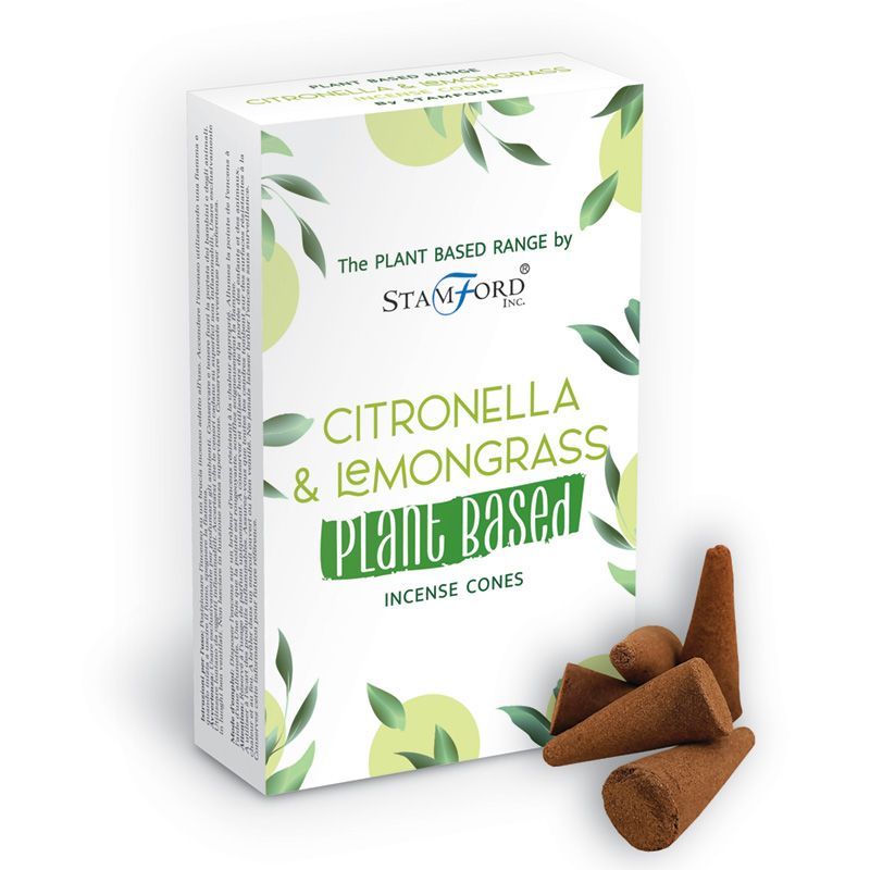 Box of Citronella & Lemongrass plant-based incense cones by Stamford Inc on a white background